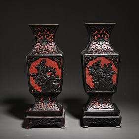 A pair of lacquerware floral square bottles
