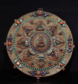 An Exquisite Tibetan silver filigree inlaid with precious stone thangka