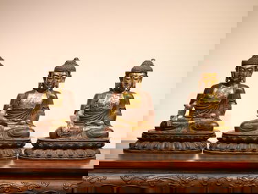 A set of Ming bronze lacquer gold three Buddha sitting statues