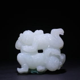 One piece of Hetian white jade four joy boys
