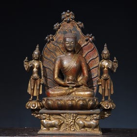 An Exquisite copper and gold Buddha statue of one Buddha and two disciples