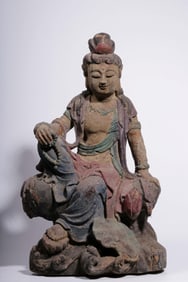 A Qing Dynasty wood carving lacquer water moon Guanyin statue