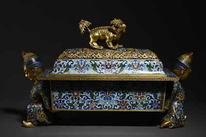 A cloisonné enamel Huren unicorn incense burner study ornament