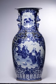 A Qing Dynasty blue and white eight immortals celebration of longevity amphora appreciation bottle