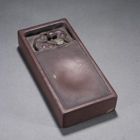 An Exquisite Qing Dynasty stone carving double lion rolling hydrangea inkstone