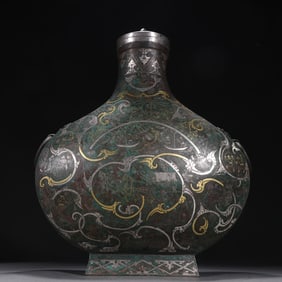 An Exquisite overseas Han bronze wrong gold and silver character story dragon pattern flat pot