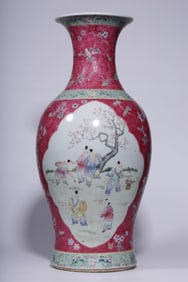 An Exquisite Qing Dynasty carmine ground open window pastel baby play pattern appreciation bottle