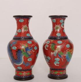 A pair of cloisonné handmade cloisonné dragon and phoenix vases