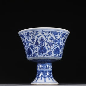 An Exquisite Qing blue and white braided lotus Sanskrit goblet