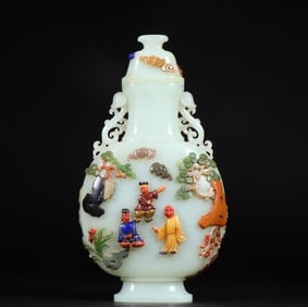 An Exquisite Qing Dynasty Hetian jade inlaid treasure character story double Ruyi ear bottle