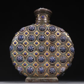 A Han bronze wrong gold and silver inlaid glazed dragonfly eye flat pot