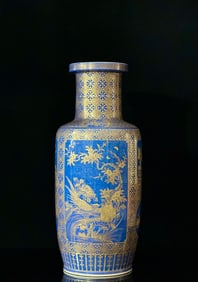 An Exquisite Qingkang : pastel sprinkled with blue glaze and gold flower and bird pattern stick