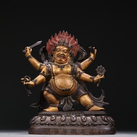 A Qing Qianlong bronze lacquer gold building top arm Yan Buddha mother statue