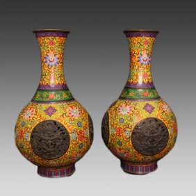 A pair of cloisonné disc dragon hollow vases