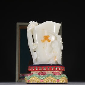 An Exquisite Qing Hetian jade seed carving "boy firecrackers" depicting gold poems and dragon cups