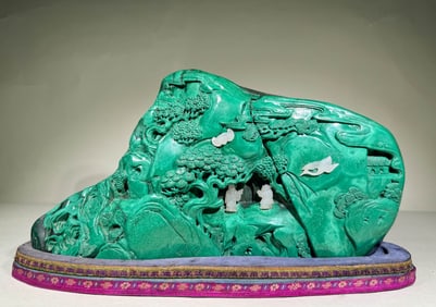 An Exquisite Qing Dynasty malachite inlaid with white jade figure Shanzi