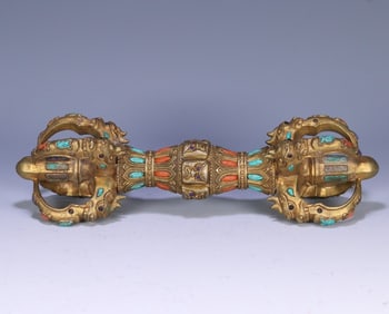 An Exquisite Qing Dynasty Tibetan bronze gilt inlaid coral turquoise vajra