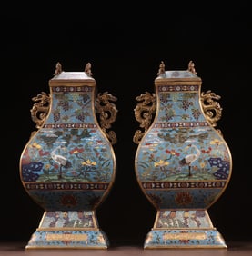 A pair of Qing Qianlong gilt cloisonne "pine crane prolonging" double dragon ear square zun
