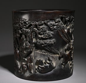 An Exquisite rosewood character story pen holder study room ornament