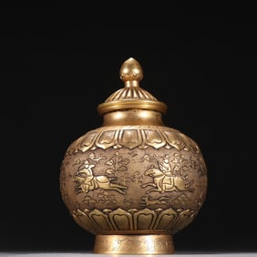 A copper-gilt chisel hunting picture jar
