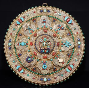 An Exquisite Tibetan silver filigree inlaid with precious stone thangka