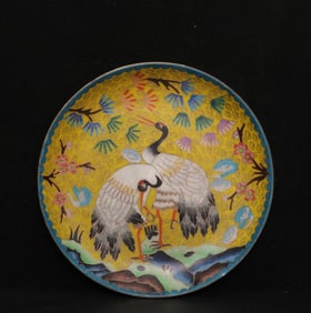 A handmade cloisonné enamel large double-sided pine crane longevity appreciation plate