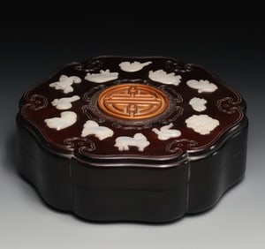 An Exquisite rosewood inlaid with jade zodiac eight treasure box