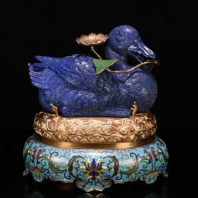 A Qing Dynasty cloisonne to lapis lazuli treasure duck ornament