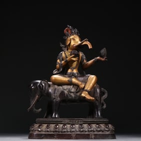 A Qing Qianlong bronze lacquer gold "two chambers, supreme yang body root product" protector god