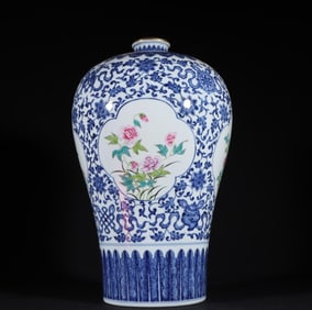 An Exquisite Qing Dynasty Yongzheng blue and white pastel blooming floral pattern plum vase