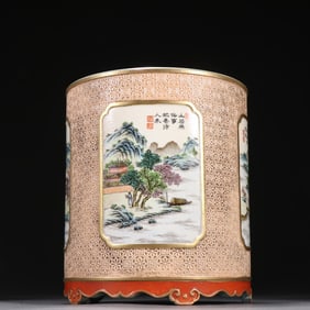 An Exquisite clear sail red engraved flowers, open windows, enamel color landscape picture pen