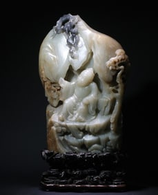 An Exquisite Hetian jade seed material monkey offering longevity mountain