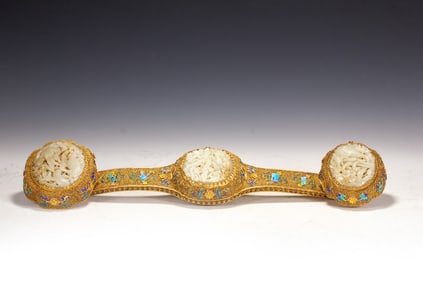 An Exquisite copper gilt burnt blue inlaid jade Ruyi
