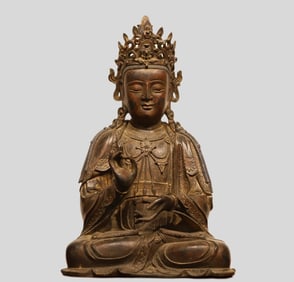 A Qing Dynasty bronze lacquer gold Guanyin statue