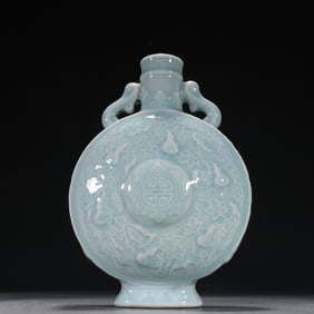 An Exquisite Qing azure glaze pile white "Fu Lu Shou" ribbon holding the moon bottle