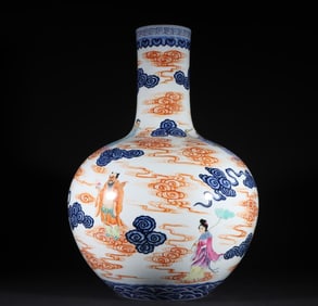 An Exquisite Qing Dynasty Qianlong blue and white pastel alum red eight immortals picture celestial