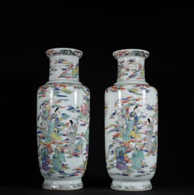 A pair of Qing Dynasty Qianlong pastel figures auspicious cloud stick bottles