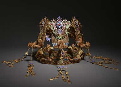 An Exquisite bronze gilt inlaid with a hundred treasures phoenix crown scholar's ornaments