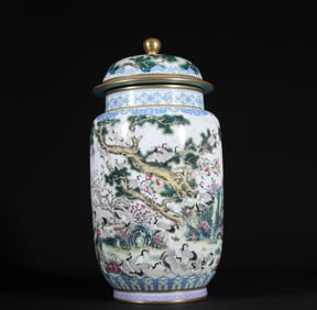 An Exquisite Qing Dynasty Yongzheng pastel pine crane longevity figure Zhuang jar