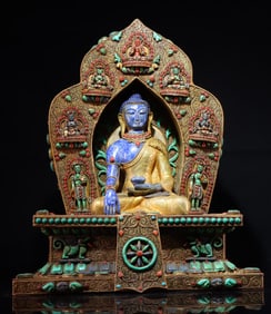 A Tibetan silver filigree inlaid with gemstone lapis lazuli Buddha statue