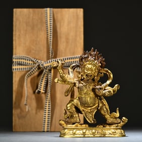 A Tibetan bronze gilt statue of the Great Black Sky