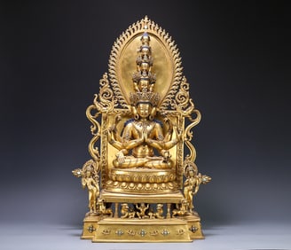 A 17th-century Tibetan Buddhism bronze gilt 11-faced, eight-armed statue of Guanyin