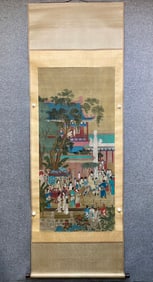 A picture of Qiu Ying (Ming Emperor's travel) on silk in the middle hall