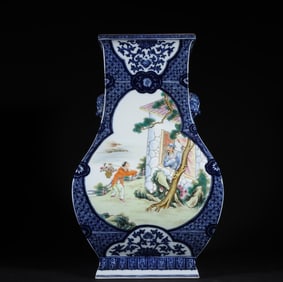 A Qing Dynasty Qianlong blue and white pastel figure Quartet beast ear honor