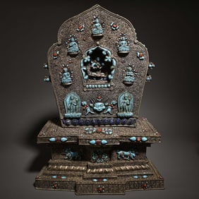 A bronze gilt and silver inlaid treasure Buddha shrine study room ornament