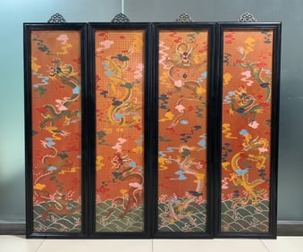 A set of late Qing Dynasty rosewood lacquer dragon pattern four screens