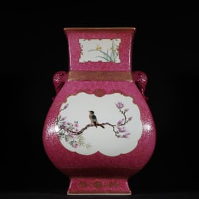 A piece of Qing Dynasty Qianlong pastel carmine ground depicted gold rolling road, open window,