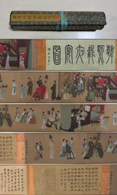 A picture of Tang Yin's copy of Han Xizai's night banquet is a fine long scroll on silk