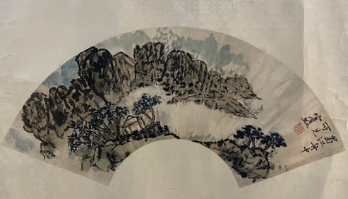 A painting of Huang Binhong, landscape fan, mirror heart on paper