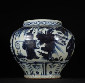 A Yuan Dynasty blue and white figure jar